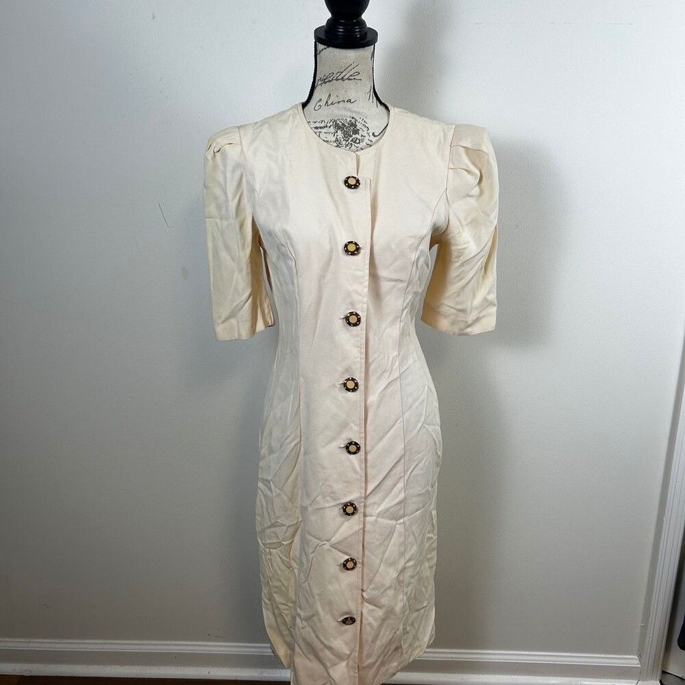Vintage All That Jazz Dress Womens 9/10 Cream Button Front Puff Sleeve Midi 80s
